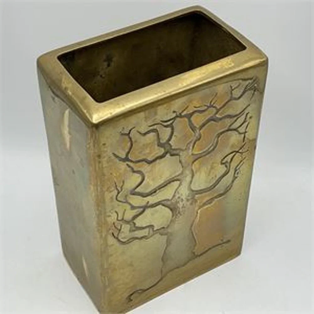 Vintage Sarreid Ltd Brass Tree of Life Vase Sand Cast Made in Italy Brutalist